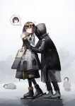  1girl absurdres arknights bird black_gloves blush brown_hair doctor_(arknights) earrings gloves highres holding_on hooded_coat ice_skates jewelry kimsuwan2013 magallan_(arknights) penguin ribbed_sweater single_earring single_glove skates sweater trembling white_gloves yellow_eyes 
