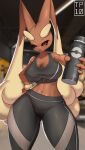  absurd_res anthro big_breasts blush breasts brown_body brown_fur female fur generation_4_pokemon gym_clothing hi_res lagomorph leporid looking_at_viewer lopunny mammal nintendo object_in_hand pokemon pokemon_(species) rabbit red_eyes solo sportswear tp10 training_bra 