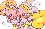  2girls :d blonde_hair blush brown_eyes carrying carrying_person cheek-to-cheek chueog dress earrings flower full_body gloves hair_bobbles hair_ornament hat heads_together highres jewelry long_hair low_twintails magical_girl makihatayama_hana multiple_girls ojamajo_doremi one_eye_closed open_mouth puffy_short_sleeves puffy_sleeves short_hair short_sleeves smile time_paradox twintails white_background white_dress white_gloves white_headwear white_wings wing_hair_ornament wings 