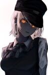  1girl chainsaw_man dress earrings fami_(chainsaw_man) fourth_east_high_school_uniform glowing glowing_eyes grey_hair hat highres jewelry kotowaza looking_at_viewer military_hat mole mole_under_eye mole_under_mouth multiple_moles open_mouth pinafore_dress ringed_eyes school_uniform short_hair simple_background sleeveless sleeveless_dress solo tassel tassel_earrings white_background yellow_eyes 