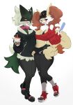  absurd_res anthro braixen breasts clothed clothing duo female generation_6_pokemon generation_9_pokemon green_body hi_res looking_at_viewer meowscarada nintendo open_mouth pokemon pokemon_(species) red_body red_eyes simple_background white_background white_body yellow_body yoru_vida 