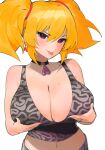  blonde_hair breast_hold breasts crop_top dismassd earrings grey_pants hair_ribbon highres jewelry large_breasts midriff necklace non-web_source pants patterned ribbon tongue tongue_out 