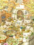  animal animal_focus artist_name bear bird bread broom building cup dog doughnut food fork hat highres holding holding_fork holding_spoon milk no_humans original pancake pancake_stack plate scarf spoon st.kuma table watermark 