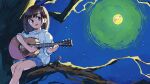  1girl blue_shorts brown_eyes brown_hair flower full_moon guitar holding holding_instrument hood hoodie in_tree instrument long_sleeves medium_hair moon music nama_udon open_mouth original playing_instrument red_flower shorts sitting sitting_in_tree smile solo tree white_hoodie 