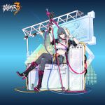  1girl boots cleavage_cutout clothing_cutout crossed_legs denim high_heels highres honkai_(series) honkai_impact_3rd hood hoodie jacket jeans juer1004 microphone microphone_stand nail_polish official_art open_clothes open_jacket pants raven_(honkai_impact) stereo tank_top 