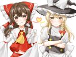 2girls ascot black_vest blonde_hair blush bow braid brown_eyes brown_hair buttons collared_shirt commentary_request crossed_arms detached_sleeves frilled_bow frilled_hair_tubes frills hair_bow hair_tubes hakurei_reimu hat hat_bow heart highres kirisame_marisa long_hair looking_at_viewer multiple_girls nontraditional_miko puffy_short_sleeves puffy_sleeves red_bow red_shirt shirt short_sleeves simple_background single_braid sleeveless sleeveless_shirt star-shaped_pupils star_(symbol) symbol-shaped_pupils temmie_(temi_maru) touhou vest white_background white_bow white_shirt witch_hat yellow_ascot yellow_eyes 