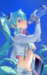  1girl bikini blue_background blue_eyes blue_hair blush bottle breasts cropped_jacket drinking from_side gloves grey_gloves grey_jacket grey_pants hair_behind_ear hatsune_miku headwear_removed helmet helmet_removed highres holding holding_bottle jacket kako_(pixiv77158173) long_hair navel pants sketch small_breasts solo swimsuit twintails very_long_hair vocaloid water_bottle white_bikini 