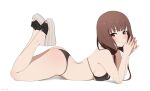  1girl ass bare_arms bare_legs bare_shoulders bikini black_bikini blunt_bangs blush breasts brown_eyes brown_hair closed_mouth coro_fae dot_nose feet_up fingernails highres iino_miko kaguya-sama_wa_kokurasetai_~tensai-tachi_no_renai_zunousen~ light_smile long_hair looking_at_viewer low_twintails lying medium_breasts on_stomach paid_reward_available platform_footwear sandals shadow sideboob simple_background solo split_mouth string_bikini swimsuit the_pose toenails toes twintails twitter_username white_background 