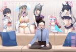  1boy 5girls absurdres ayane_(blue_archive) ayane_(swimsuit)_(blue_archive) bikini black_hair blue_archive blue_eyes breasts couch green_eyes grey_hair halo hanbok625 heterochromia highres hoshino_(blue_archive) hoshino_(swimsuit)_(blue_archive) large_breasts meme multiple_girls navel nonomi_(blue_archive) nonomi_(swimsuit)_(blue_archive) pink_hair piper_perri_surrounded_(meme) sensei_(blue_archive) serika_(blue_archive) serika_(swimsuit)_(blue_archive) shiroko_(blue_archive) shiroko_(swimsuit)_(blue_archive) sitting small_breasts swimsuit 