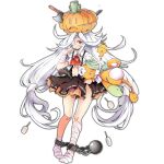  1girl ascot axe ball_and_chain_restraint bandage_on_leg bandage_over_one_eye bandaged_leg bandaged_wrist bandages black_skirt bolt candy damaged food food_in_mouth frown full_body girls&#039;_frontline giving_up_the_ghost gun gun_to_head hair_tubes halloween halloween_costume halo handgun hat hippos holding holding_candy holding_food holding_gun holding_lollipop holding_stuffed_toy holding_weapon layered_skirt lollipop long_hair long_sleeves looking_at_viewer makarov_(girls&#039;_frontline) makarov_(pumpkin_mishka)_(girls&#039;_frontline) makarov_pm object_through_head official_alternate_costume official_art orange_skirt own_hands_together pumpkin red_ascot red_eyes shirt simple_background skirt solo standing stuffed_animal stuffed_toy sword_in_head tombstone torn_clothes torn_shirt torn_skirt transparent_background two-tone_skirt very_long_hair weapon white_hair white_shirt 