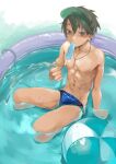  1boy absurdres aki_(akito_l904) ball beachball black_hair blue_male_swimwear commentary_request food grey_eyes highres hose jewelry male_focus male_swimwear mouth_hold navel necklace original partially_submerged popsicle short_hair solo swim_briefs visor_cap wading_pool water 