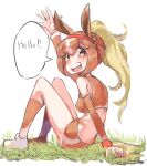  100maru 1girl animal_ears bare_shoulders blush brown_shorts brown_sleeves brown_socks brown_sports_bra chestnut_thoroughbred_(kemono_friends) detached_sleeves english_commentary headgear highres horse_ears horse_girl horse_tail kemono_friends light_brown_hair looking_at_viewer multicolored_hair open_mouth ponytail shoes short_hair shorts sitting smile sneakers socks solo sports_bra sportswear tail two-tone_hair waving white_footwear white_hair 
