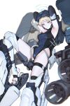  1girl absurdres armpits arms_behind_head arms_up black_gloves blonde_hair blue_archive blue_eyes blue_one-piece_swimsuit blurry blurry_background blurry_foreground blush breasts cable closed_mouth elbow_gloves exoskeleton eyelashes eyewear_on_head feet foot_out_of_frame gatling_gun gloves grey_background halo heel-less_legwear heel_pop highleg highleg_leotard highleg_swimsuit highres iuui knee_up large_breasts legs leotard looking_at_viewer mecha_musume minigun nail_polish one-piece_swimsuit science_fiction shadow short_hair sidelocks simple_background skindentation sleeveless_turtleneck_leotard solo stirrup_legwear swept_bangs swimsuit thigh_strap thighhighs thighs toeless_legwear toenail_polish toenails toes toki_(blue_archive) white_thighhighs 