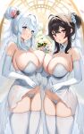  2girls absurdres bare_shoulders black_hair blue_eyes blue_hair blush bouquet breast_press breasts bridal_lingerie bridal_veil bride cameltoe cleavage clothes_lift covered_navel dress dress_lift elbow_gloves flower gloves hair_bun hair_flower hair_ornament highres large_breasts lingerie long_hair looking_at_viewer micro_panties multiple_girls original panties parted_lips red_eyes sidelocks strapless strapless_dress symmetrical_docking thighhighs tongtangtong underwear veil wedding_dress 