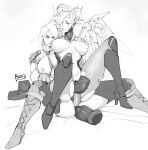  anal anal_object_insertion arm_tattoo ashe_(overwatch) asymmetrical_hair bodysuit breasts chaps dildo dildo_riding double_dildo earrings fingerless_gloves gloves halo high_ponytail huge_dildo jewelry lips lipstick looking_at_viewer makeup mechanical_halo mechanical_wings medium_breasts medium_hair mercy_(overwatch) monochrome nipples object_insertion overwatch overwatch_2 pussy sex_toy shared_object_insertion short_hair smile spread_wings tattoo vaginal vaginal_object_insertion vibrator victorbalgitt white_hair wings yellow_wings yuri 