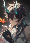  1boy antenna_hair bare_shoulders black_gloves chinese_clothes closed_mouth dan_heng_(honkai:_star_rail) dan_heng_(imbibitor_lunae)_(honkai:_star_rail) demon_horns detached_sleeves earrings fingerless_gloves gloves green_eyes hair_between_eyes highres hisehisekin honkai:_star_rail honkai_(series) horns jewelry leaf long_hair makeup maple_leaf pectoral_cleavage pectorals pointy_ears solo spoilers twitter_username upper_body 
