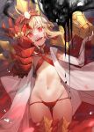  1girl ahoge bikini blonde_hair breasts chalice criss-cross_halter crown dragon_claw dragon_tail elbow_gloves facial_mark fate/grand_order fate_(series) gloves hair_intakes halterneck highres long_hair looking_at_viewer navel nero_claudius_(fate) open_clothes open_mouth pointy_ears queen_draco_(fate) queen_draco_(second_ascension)_(fate) red_bikini red_eyes renka_(renkas) robe scales single_glove small_breasts smile solo swimsuit tail thighs white_gloves white_robe 