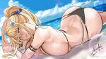  1girl absurdres ahoge artoria_pendragon_(fate) artoria_pendragon_(lancer)_(fate) ass bare_shoulders beach bikini blonde_hair blue_eyes blue_sky breasts fate/grand_order fate_(series) hair_between_eyes high_ponytail highres large_breasts long_hair looking_at_viewer lying on_stomach parted_lips shiiki_(love-saber) shore sidelocks sky smile solo swimsuit wet 