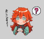  1girl ? aqua_eyes blush bowl chibi closed_mouth commentary_request cropped_torso food food_on_face grey_background gundam gundam_suisei_no_majo hair_between_eyes hair_down holding holding_bowl long_hair long_sleeves looking_at_viewer official_alternate_hairstyle red_hair simple_background smile solo speech_bubble spoken_question_mark suiseikaro suletta_mercury thick_eyebrows translation_request upper_body wide_sleeves 