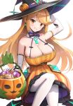  1girl absurdres alternate_costume bare_shoulders blonde_hair blush breasts cleavage commentary_request earrings gloves gonzarez halloween halloween_costume hat highres jewelry large_breasts long_hair looking_at_viewer mythra_(xenoblade) solo swept_bangs very_long_hair witch witch_hat xenoblade_chronicles_(series) xenoblade_chronicles_2 yellow_eyes 