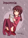  1girl 2000s_(style) aosora_(mizore) bags_under_eyes book empty_eyes holding holding_book knees_up leaning_back long_sleeves looking_to_the_side madotsuki non-web_source red_eyes sad shoes shoes_removed sitting skirt thighhighs twintails yume_nikki 