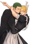  2boys 72ki alternate_costume apron black_dress black_suit blonde_hair blue_eyes butler cigarette closed_mouth crossdressing dress facial_hair formal frilled_apron frills gloves green_hair grey_shirt grin hair_over_one_eye holding holding_cigarette hug implied_yaoi invisible_wall kabedon looking_at_viewer maid maid_headdress male_focus middle_finger multiple_boys one_eye_closed one_piece roronoa_zoro sanji_(one_piece) scar scar_across_eye shirt short_hair smile suit white_apron white_background white_gloves yaoi 