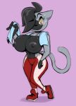  2019 anthro areola big_areola big_breasts black_body black_fur black_hair blush bodily_fluids breasts clothed clothing curvaceous curvy_figure digital_drawing_(artwork) digital_media_(artwork) domestic_cat eyelashes felid feline felis female fingers footwear fur grey_body grey_fur hair hair_over_eye hi_res hourglass_figure huge_areola huge_breasts joelasko leggings legwear long_tail looking_at_viewer mammal multicolored_body multicolored_fur nipples one_eye_obstructed pink_background shoes short_hair simple_background small_waist sneakers solo sweat tail thick_thighs topless topless_anthro towel two_tone_body two_tone_fur voluptuous wide_hips yellow_eyes 