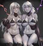  2girls abyssal_ship aircraft_carrier_princess aircraft_carrier_princess_ii bikini black_bikini breasts claws closed_mouth collarbone colored_skin grin groin hair_between_eyes kantai_collection kokuzou large_breasts long_hair looking_at_viewer multiple_girls navel ponytail purple_eyes red_eyes smile swimsuit white_hair white_skin 