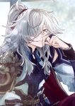  1boy bishounen cowboy_shot daimondai4 hair_over_one_eye hand_up highres honkai:_star_rail honkai_(series) jing_yuan long_hair male_focus mole mole_under_eye ponytail smile solo white_hair yellow_eyes 