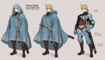  1boy aged_up alternate_costume armor blonde_hair blue_cloak boots breastplate brown_eyes cloak epebe expressionless facial_hair final_fantasy final_fantasy_tactics full_body gauntlets goatee highres holding hood leg_armor looking_to_the_side male_focus ponytail ramza_beoulve scabbard sheath shoulder_armor solo sword weapon 