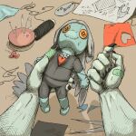  1:1 2023 anthro artist_name band-aid bandage blood bodily_fluids button_eyes claws danton-y17 detailed_background digital_drawing_(artwork) digital_media_(artwork) dinosaur doll fang_(gvh) feathered_wings feathers female fingers goodbye_volcano_high grey_body grey_scales pin_cushion pterodactylus pterosaur reptile scales scalie sewing signature smile snoot_game solo stitch_(sewing) thumb_tack wings 