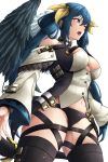  1girl absurdres angel_wings asymmetrical_wings bare_shoulders belt black_panties black_thighhighs blue_hair breasts cleavage_cutout clothing_cutout dizzy_(guilty_gear) feathered_wings from_side guilty_gear guilty_gear_xrd highres large_breasts long_hair looking_to_the_side mature_female midriff monster_girl navel off_shoulder open_mouth panties red_eyes ribbon showgirl_skirt sideboob simple_background skirt smile solo souma_(so_u_maaaaa) tail tail_ornament tail_ribbon thick_thighs thigh_gap thighhighs thighs underwear v-shaped_eyebrows white_background wide_sleeves wings yellow_ribbon 