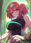  1boy 1girl absurdres bare_arms bare_shoulders black_leotard blurry blurry_background blurry_foreground breasts closed_mouth collarbone commentary_request day depth_of_field hair_between_eyes hand_on_another&#039;s_head headpiece highres large_breasts leotard naisu_(nai_su01) outdoors pyra_(xenoblade) red_eyes red_hair rex_(xenoblade) smile solo_focus twitter_username xenoblade_chronicles_(series) xenoblade_chronicles_2 