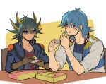  2boys black_hair black_shirt blue_eyes blue_hair blue_jacket blue_shirt brown_gloves bruno_(yu-gi-oh!) chair commentary_request eating elbow_pads elbows_on_table facial_mark facial_tattoo food fudou_yuusei full_mouth gloves hands_up high_collar highres holding holding_food jacket leaning_forward leaning_on_table male_focus marking_on_cheek multicolored_hair multiple_boys on_chair open_clothes open_jacket open_mouth shirt short_hair shoulder_pads simple_background sitting sleeves_rolled_up smile spiked_hair streaked_hair table talking tattoo white_jacket yellow_background youko-shima yu-gi-oh! yu-gi-oh!_5d&#039;s 