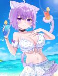 1girl ahoge animal_collar animal_ears beach bikini bikini_skirt black_collar blush breasts cat_ears cat_girl cat_tail cleavage collar crossed_bangs curvy double-parted_bangs frilled_bikini frilled_skirt frills groin hair_between_eyes holding holding_with_tail hololive hololive_summer_2022_swimsuit large_breasts looking_at_viewer miniskirt navel negima_(le_ne38) nekomata_okayu ocean official_alternate_costume parted_lips prehensile_tail print_bikini purple_eyes purple_hair short_hair skirt smile solo swimsuit tail tropical_drink virtual_youtuber white_bikini white_skirt 