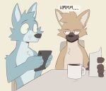  2022 anthro brown_body brown_fur canid canine cellphone dialogue digital_media_(artwork) duo english_text eye_contact fur hi_res holding_cellphone holding_object holding_phone looking_at_another male mammal mangoyena mug phone speech_bubble text 