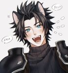  1boy absurdres animal_ears armor black_hair black_sweater blue_eyes blush commentary crisis_core_final_fantasy_vii dog_ears english_commentary english_text fangs final_fantasy final_fantasy_vii highres looking_at_viewer male_focus montaro open_mouth parted_bangs ribbed_sweater short_hair shoulder_armor simple_background smile solo speech_bubble spiked_hair suspenders sweater teeth turtleneck turtleneck_sweater upper_body zack_fair 