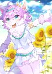  1girl :d ahoge animal_ear_fluff animal_ears blue_sky blurry blurry_background cloud cloudy_sky commission day depth_of_field fangs field flower flower_field furry furry_female green_eyes hair_between_eyes hair_intakes kou_hiyoyo original outdoors outstretched_arm pink_hair shirt skeb_commission skirt sky sleeveless sleeveless_shirt smile solo standing sunflower tail white_shirt white_skirt yellow_flower 