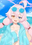  1girl ^_^ absurdres ahoge beach bikini blue_archive blue_eyes blue_jacket blue_sky blurry blurry_background blush breasts closed_eyes collarbone crossed_bangs eyewear_on_head fang frilled_bikini_top genso_(gitsoone) hair_between_eyes hair_flaps hair_ornament halo hand_on_own_chest head_tilt heterochromia highres hoshino_(blue_archive) hoshino_(swimsuit)_(blue_archive) huge_ahoge jacket long_sleeves low_twintails official_alternate_costume official_alternate_hairstyle open_clothes open_jacket open_mouth outdoors pink_hair pink_halo puffy_long_sleeves puffy_sleeves skin_fang sky small_breasts smile solo solo_focus sparkle swimsuit twintails upper_body white-framed_eyewear white_bikini yellow_eyes 