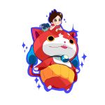  1boy amano_keita brown_hair fangs highres jibanyan kangokun lying male_focus multiple_tails notched_ear on_stomach open_mouth red_eyes red_shirt shirt simple_background sparkle t-shirt tail traditional_youkai two_tails white_background yellow_eyes youkai_watch 