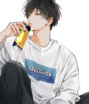  1boy absurdres black_hair black_pants blue_eyes can closed_mouth en_(e898n) hand_up highres holding holding_can knees_up looking_away male_focus original pants short_hair simple_background solo suntory sweater upper_body white_background white_sweater 