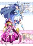  2girls :d absurdres adapted_costume aida_mana alternate_costume blonde_hair blue_bow blue_cape blue_dress blue_eyes blue_hair boots bow bow_(weapon) cape character_name commentary_request cure_diamond cure_heart dokidoki!_precure dress earrings eyelashes hair_ornament happy hat highres hishikawa_rikka jewelry knee_boots large_hat long_hair looking_at_viewer magical_girl matatabi_(karukan222) multiple_girls open_mouth pink_bow pink_cape pink_dress pink_eyes pink_footwear ponytail precure smile standing weapon witch witch_hat wrist_cuffs 