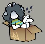 anthro artist_logo big_breasts box breasts clothed clothing container domestic_cat felid feline felis female fur grey_background grey_hair hair logo mammal pattern_clothing pattern_shirt pattern_topwear probablydemo shirt simple_background sitting sitting_in_box solo striped_clothing striped_shirt striped_topwear stripes tail tem temmie_(undertale) topwear undertale undertale_(series) white_body white_fur 