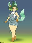  2023 3:4 anthro barefoot clothing digitigrade eeveelution feet female generation_4_pokemon green_body green_hair hair halcy0n hi_res leafeon nintendo overalls pokemon pokemon_(species) shirt smile solo standing topwear 