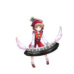  1girl brown_eyes brown_footwear brown_hair closed_mouth frilled_hat frills full_body game_cg hat hat_ornament highres instrument keyboard_(instrument) long_sleeves looking_at_viewer lyrica_prismriver red_headwear red_skirt red_vest rotte_(1109) shirt short_hair simple_background skirt smile socks solo star_(symbol) star_hat_ornament third-party_source touhou touhou_lost_word vest white_background white_shirt white_socks wings 