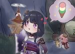  2girls 3others black_hair blush chibi doutilaso food genshin_impact grass highres ice_cream japanese_clothes jar kimono long_hair looking_at_another multiple_girls multiple_others pink_hair purple_eyes purple_kimono raiden_shogun sweat yae_miko 