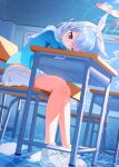  1girl arona_(blue_archive) bare_legs blue_archive blue_eyes blue_hair blue_pupils blue_shirt bow_hairband chair closed_mouth commentary desk dutch_angle full_body hair_ribbon hairband halo heart_halo highres humeiyo light_blue_hair long_sleeves midriff miniskirt multicolored_hair navel on_chair one_eye_closed pink_hair pink_halo pleated_skirt ribbon school_chair school_desk shirt shoes sitting skirt smile sneakers solo swept_bangs two-tone_hair white_footwear white_hairband white_ribbon white_skirt 