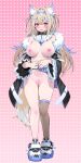  1girl animal_ear_fluff animal_ears blue_hair breasts brown_hair censored dog_ears dog_girl dog_tail full_body fuwawa_abyssgard gradient_background highres hololive hololive_english large_breasts looking_at_viewer mosaic_censoring multicolored_hair nipples open_mouth pink_background pink_eyes polka_dot polka_dot_background pussy smile solo standing tail two-tone_hair virtual_youtuber waterring 