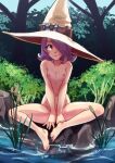  1girl breasts breasts_squeezed_together completely_nude fingernails hair_over_one_eye hat hat_belt highres javehorny nature navel nipples nude one_eye_covered original purple_hair rock short_hair sitting sitting_on_rock small_breasts smile solo tree vegetation water witch_hat 