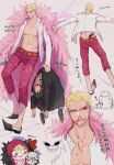  3boys abs aged_down back black_coat black_hair bleeding blonde_hair blood blood_on_face capri_pants character_name chest_tattoo chibi closed_mouth coat collarbone commentary_request denim donquixote_doflamingo donquixote_rocinante earrings feather_coat full_body grin gun hand_tattoo hat heart height_difference holding holding_sword holding_weapon injury jeans jewelry katana leg_hair lifting_person looking_at_another male_focus multiple_boys muscular muscular_male nashieda navel one_piece open_clothes pants pectorals pink-tinted_eyewear pink_coat shirt shoes short_hair simple_background sketch smile sunglasses sword tattoo teeth thread tinted_eyewear trafalgar_law translation_request unconscious weapon white-framed_eyewear white_shirt yellow_eyes 